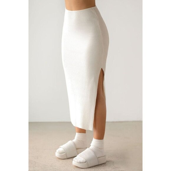 NWT Joah Brown Ribbed Side Slit Midi Skirt Natural Cream Size S/M - Picture 8 of 8